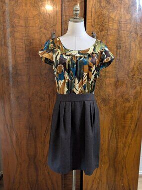 Anthropologie Tabitha Silk Bodice Mixed Media Dress Size 10 Pleated Skirt Career